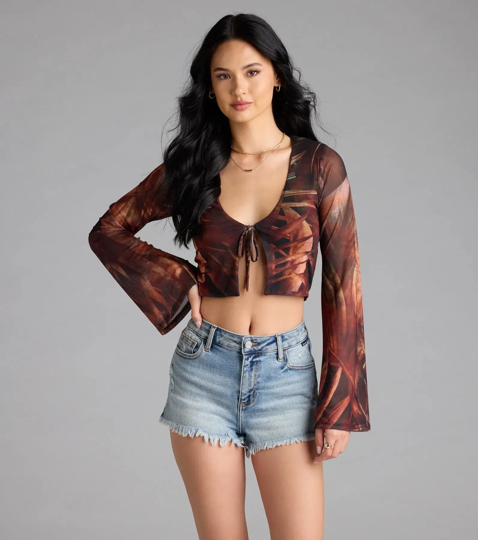 Getaway Vibe Tropical Print Tie-Front Top