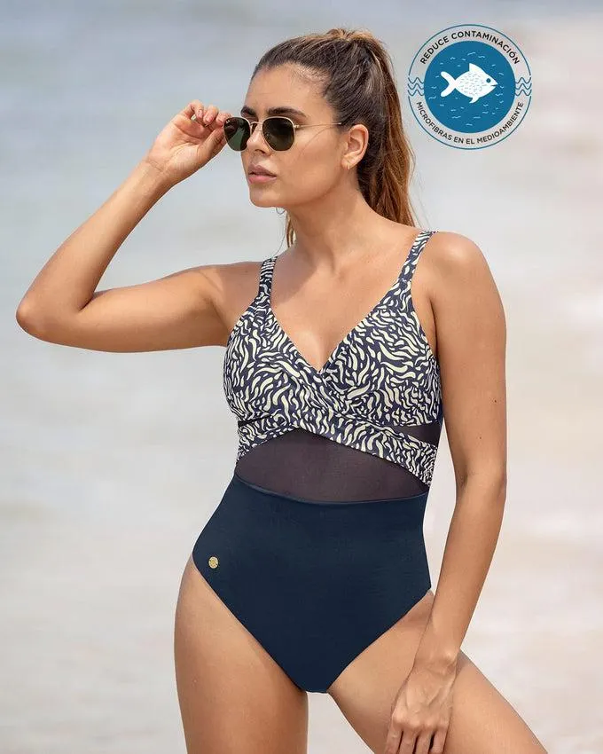 Traje de baño tecnología bio-pet con tul en abdomen