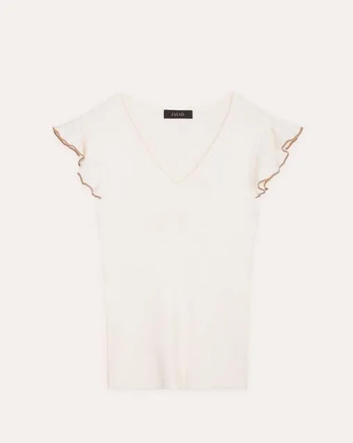 Blusa Crema Tejido Canalé Manga Escarola