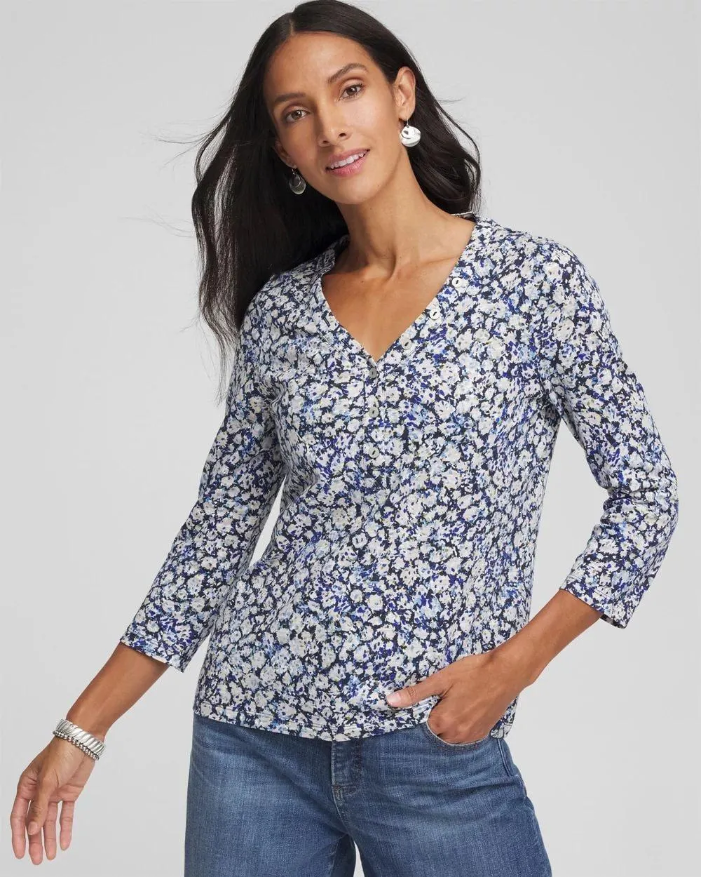 Printed Slub Splitneck Button Tee