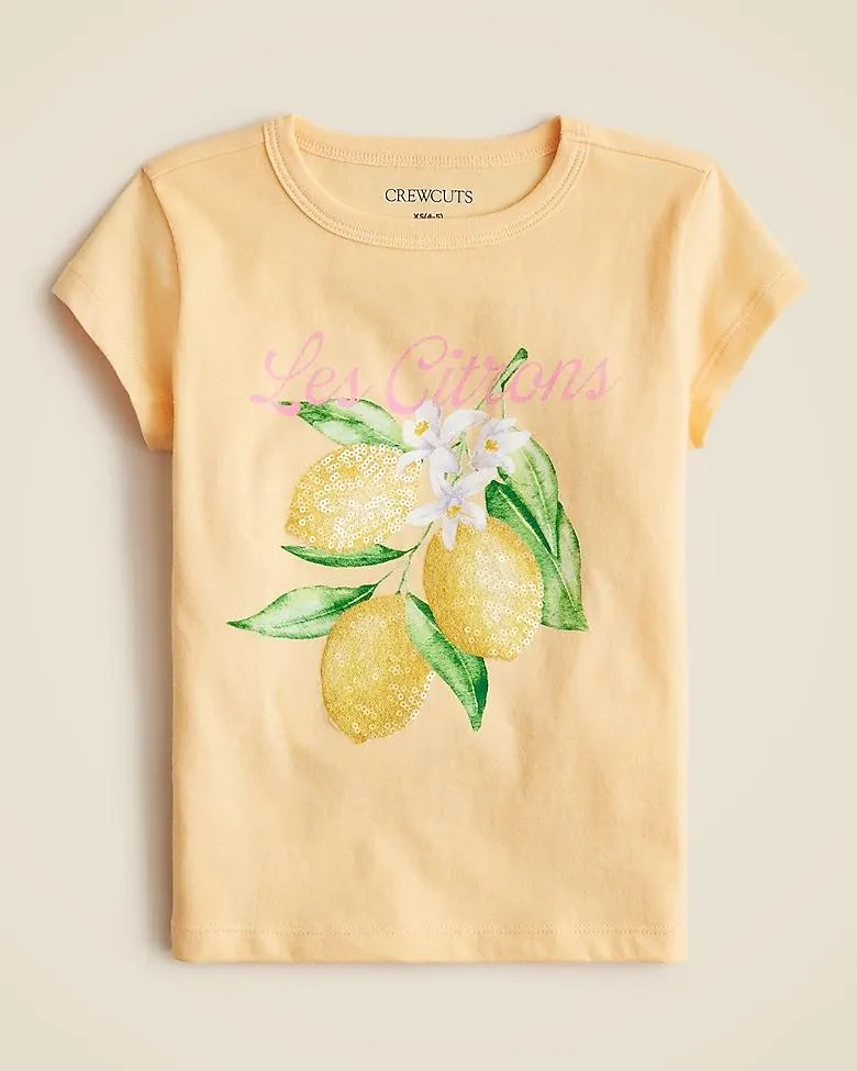 Girls' short-sleeve lemon graphic T-shirt with sequins