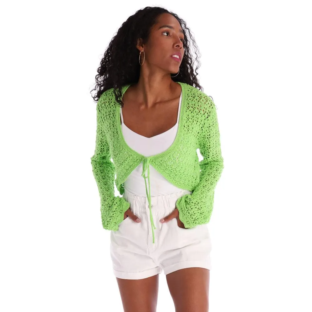 Top Dama Crochet Manga Larga Cordón Delantero