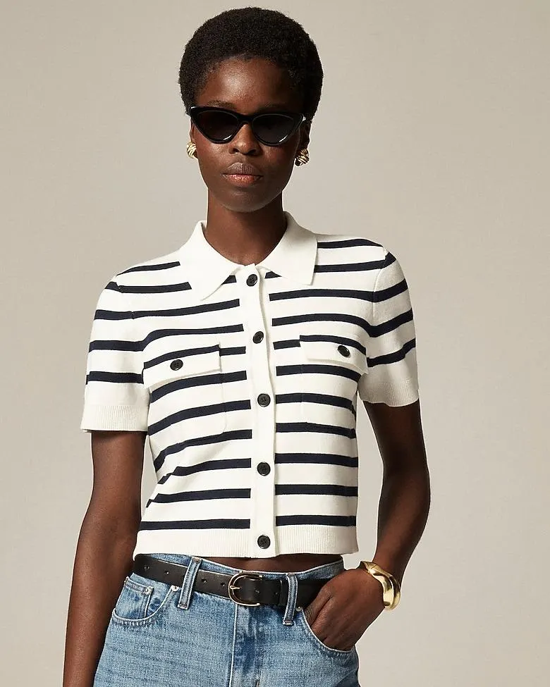 Collared short-sleeve cardigan in stripe