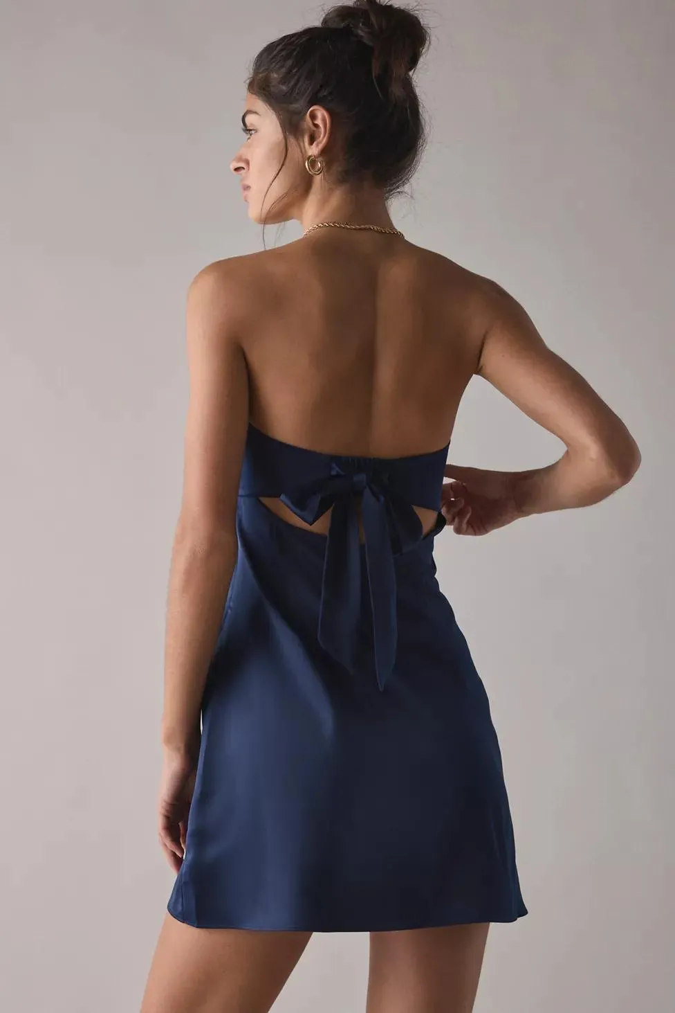 UO Mira Strapless Tie-Back Bow Satin Slip Mini Dress