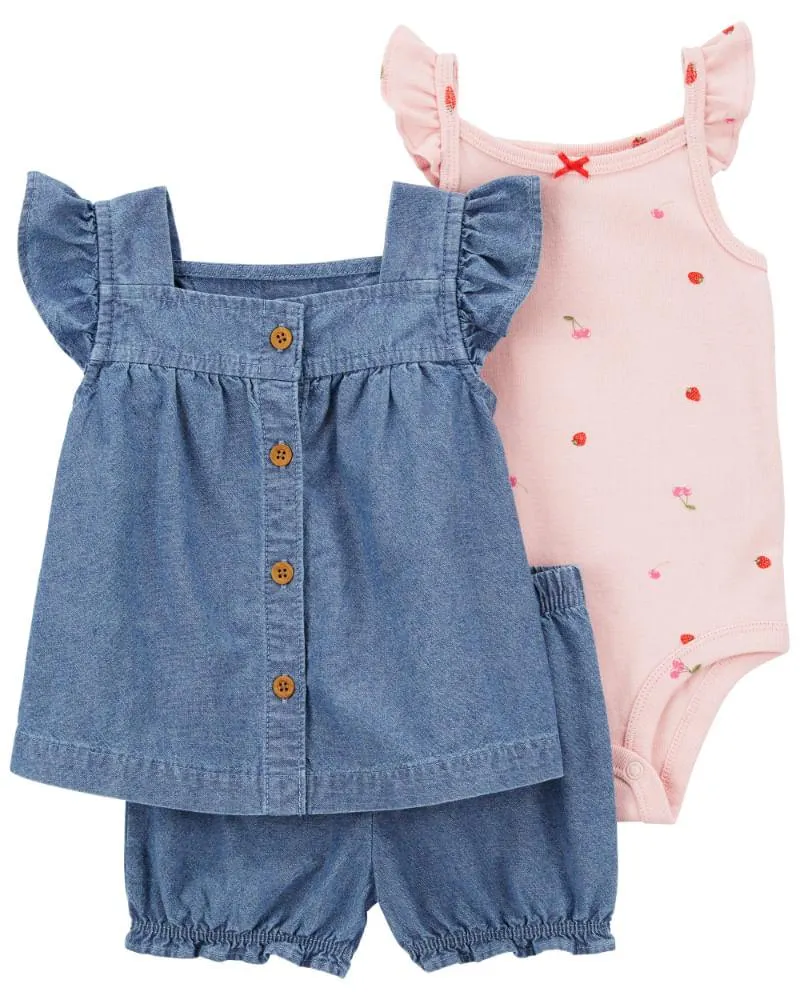 Conjunto De 3 Piezas De Short En Cherry Chambray Carter's
