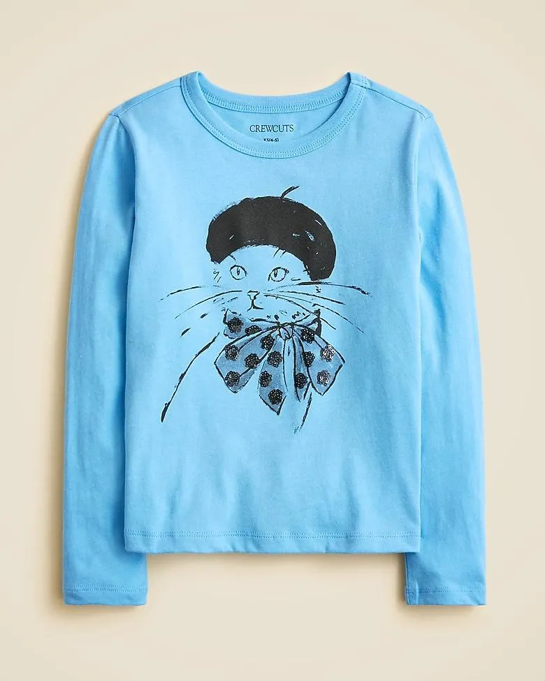 Girls' long-sleeve cat graphic T-shirt with sequins
