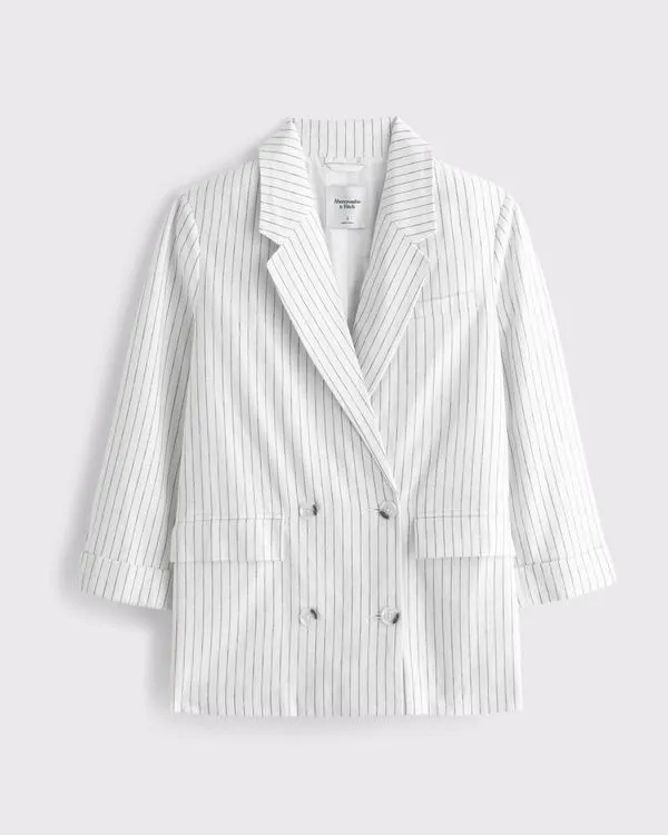 Double-Breasted Linen-Blend Slouchy Blazer