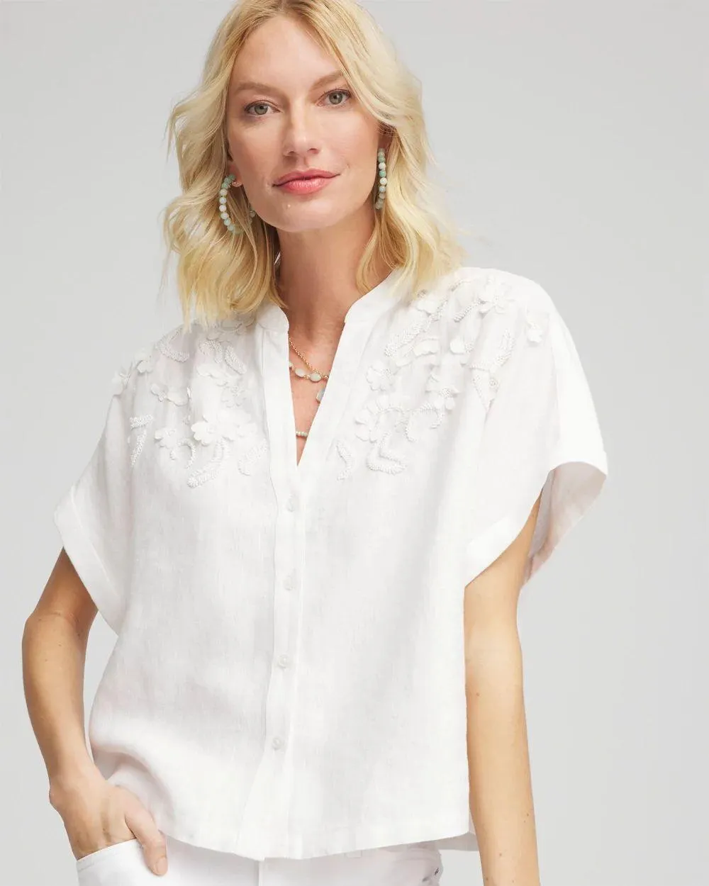 Embroidered Dolman Sleeved Linen Blouse