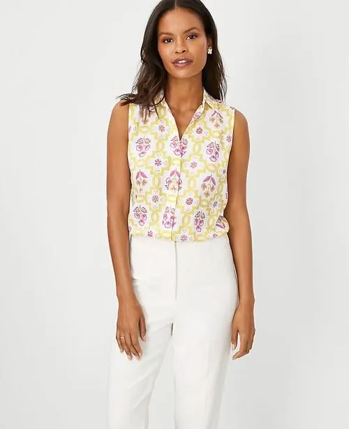 Camisas Ann Taylor Tile Print Sin Manga Essential Blancos | 452068-IDX
