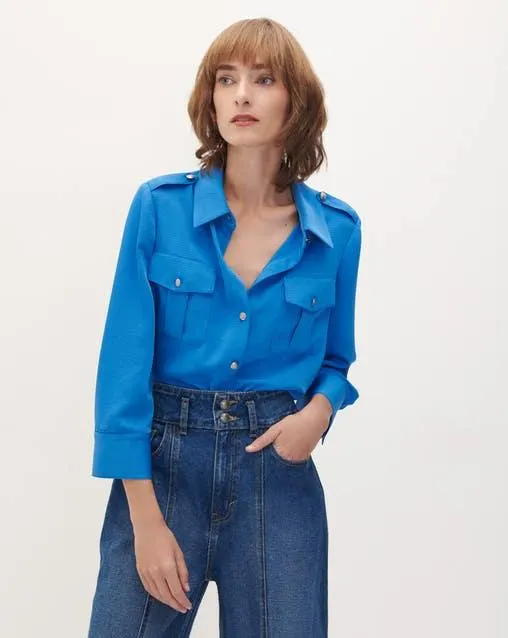 Blusa Camisera Azul Con Charreteras Manga 3/4