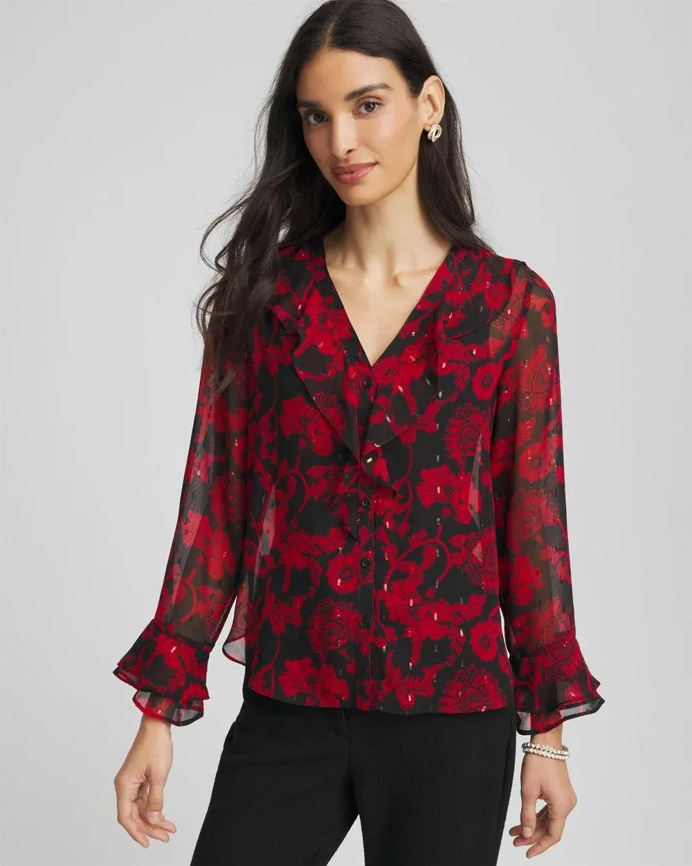 Georgette Clip Dot Ruffle Blouse
