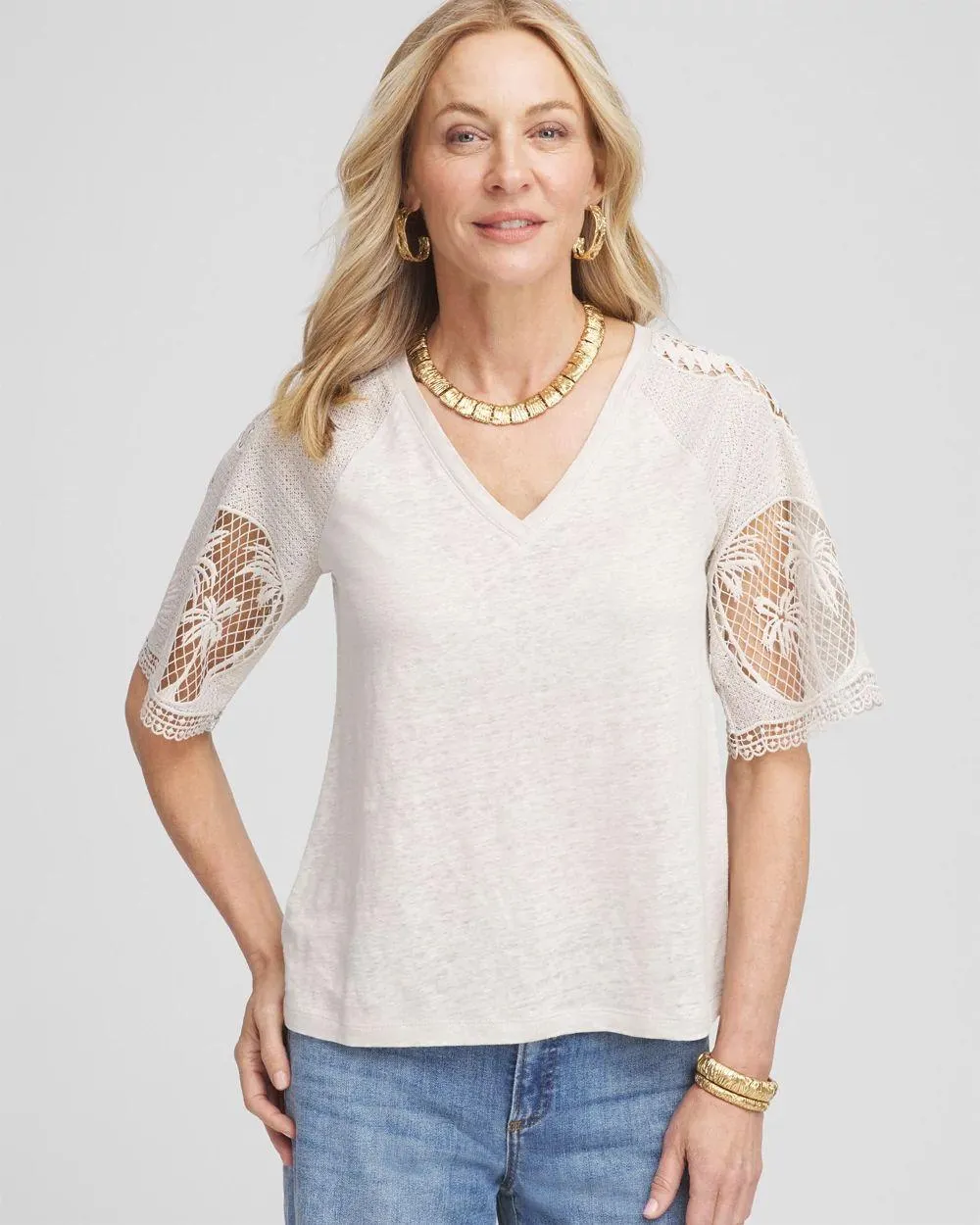 Linen Crochet Lace Short Sleeve Tee