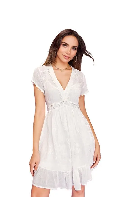 Vestido ivory de cuello V con trim 96524