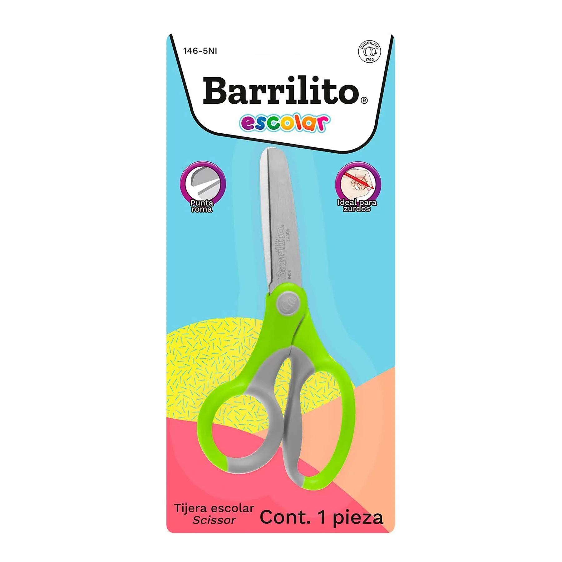 Tijera Escolar Zurda Barrilito 146-5NI Punta Roma 5" Mango Plástico