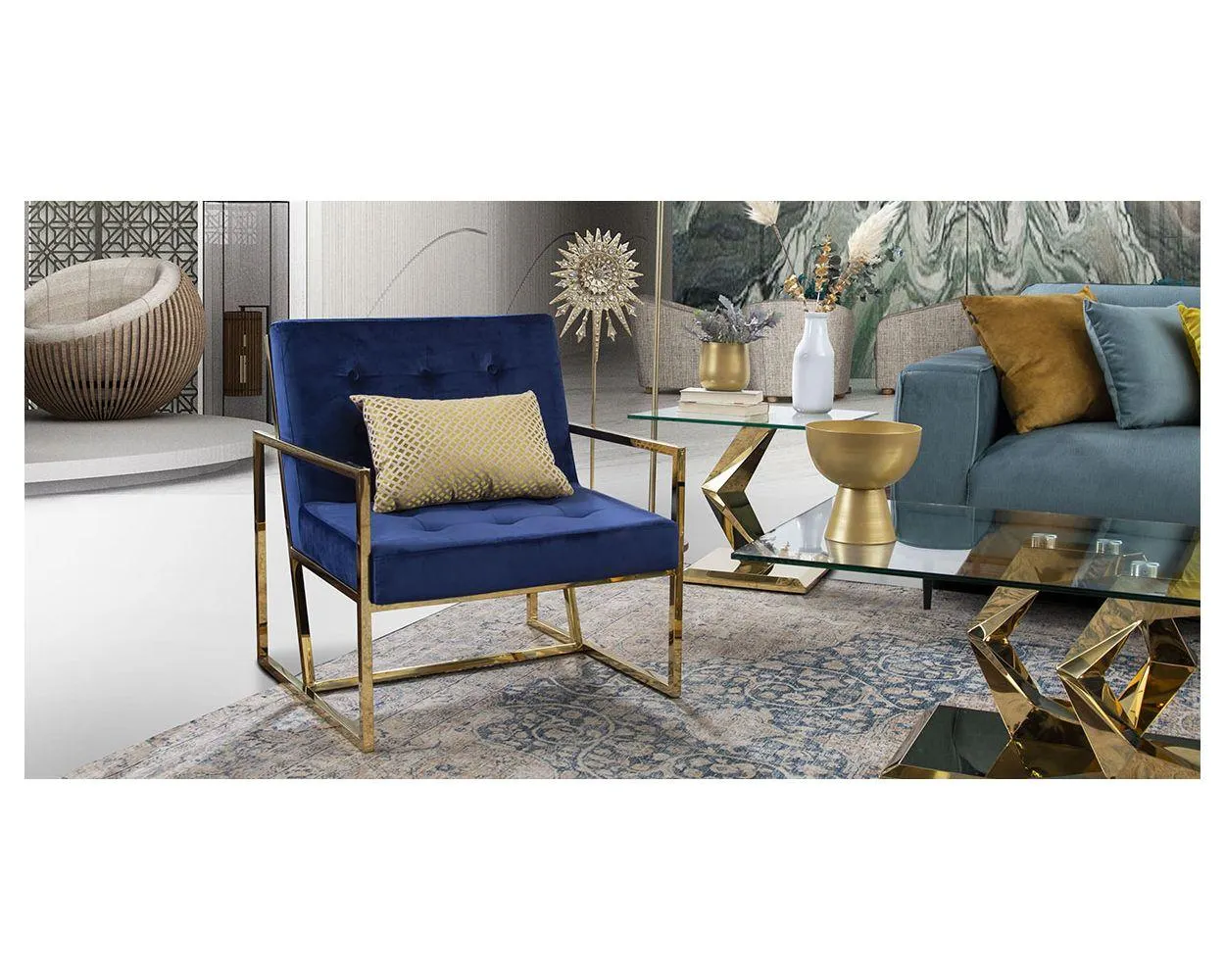 Sillón Ocasional Terciopelo Royal Gold Square Azul