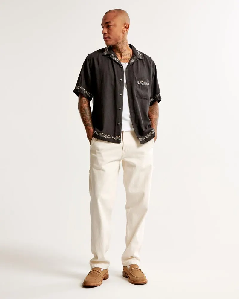Camp Collar Summer Linen-Blend Embroidered Shirt