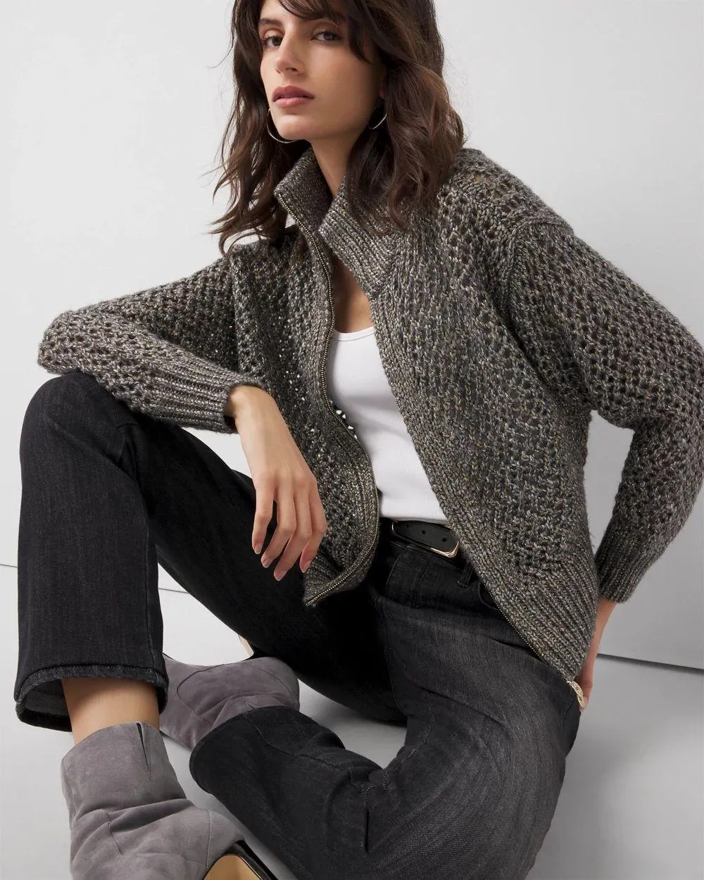 Open Stitch Zip-Up Cardigan