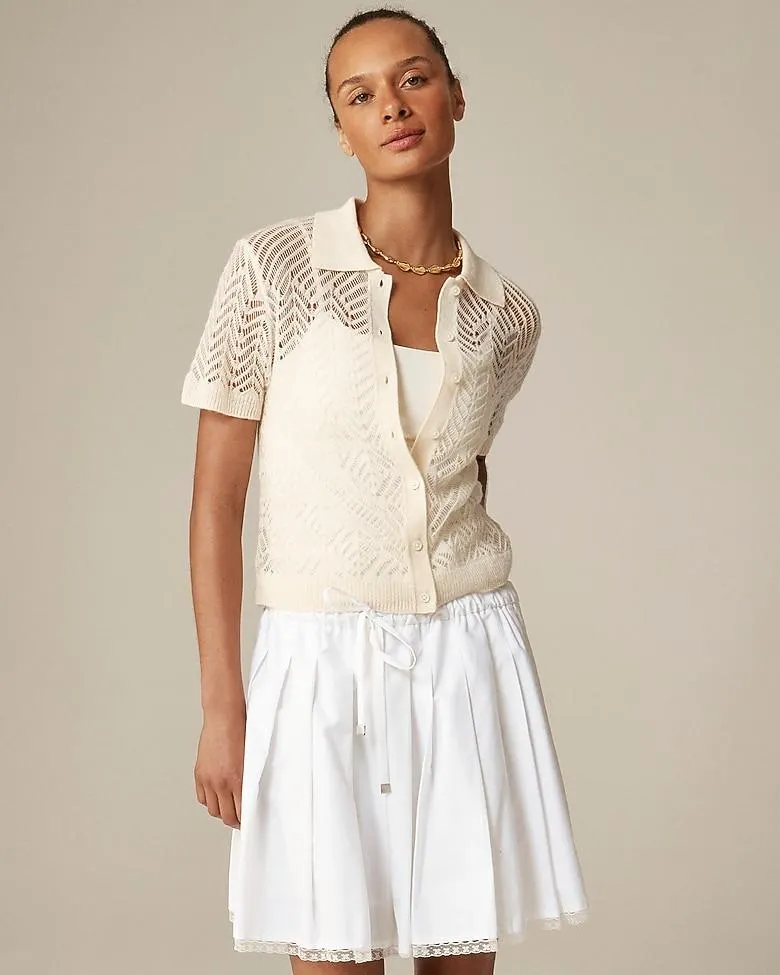 Sheer pointelle button-up short-sleeve cardigan in cashmere