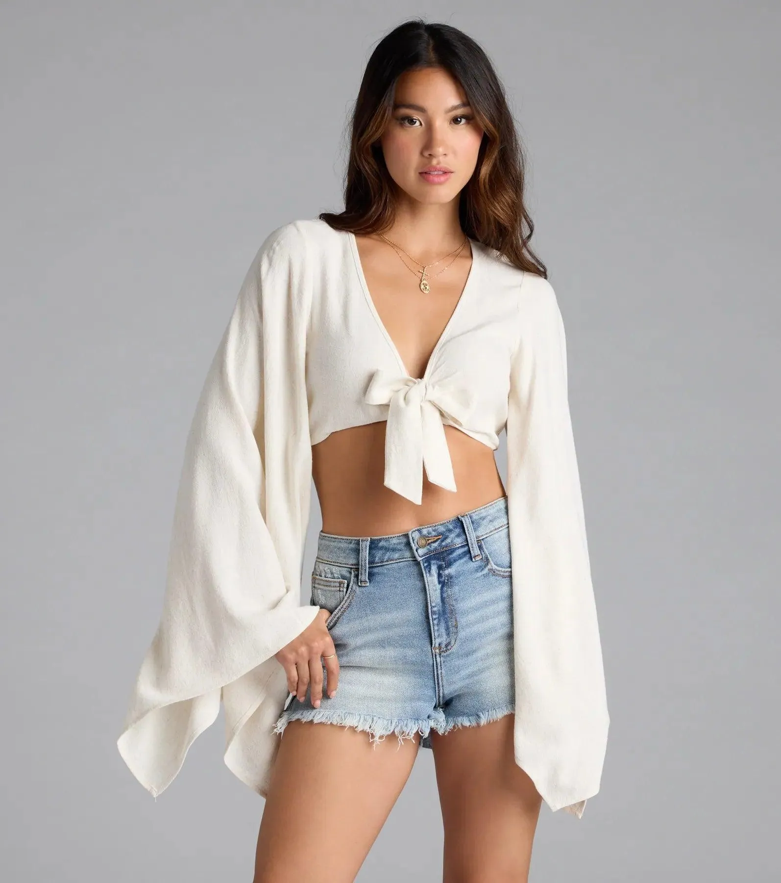 Bring The Drama Bell Sleeve Tie Front Crop Top
