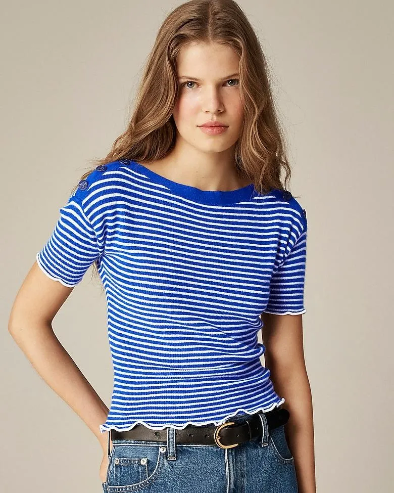 Featherweight cashmere ruffle-trim T-shirt in stripe