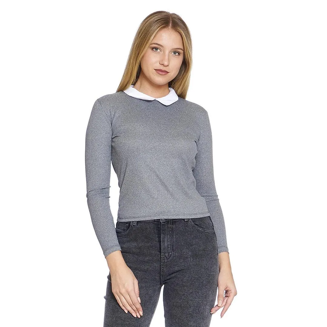 Blusa Para Mujer Con Cuello De Bebé Manga Larga Color Gris Casual Formal 330693