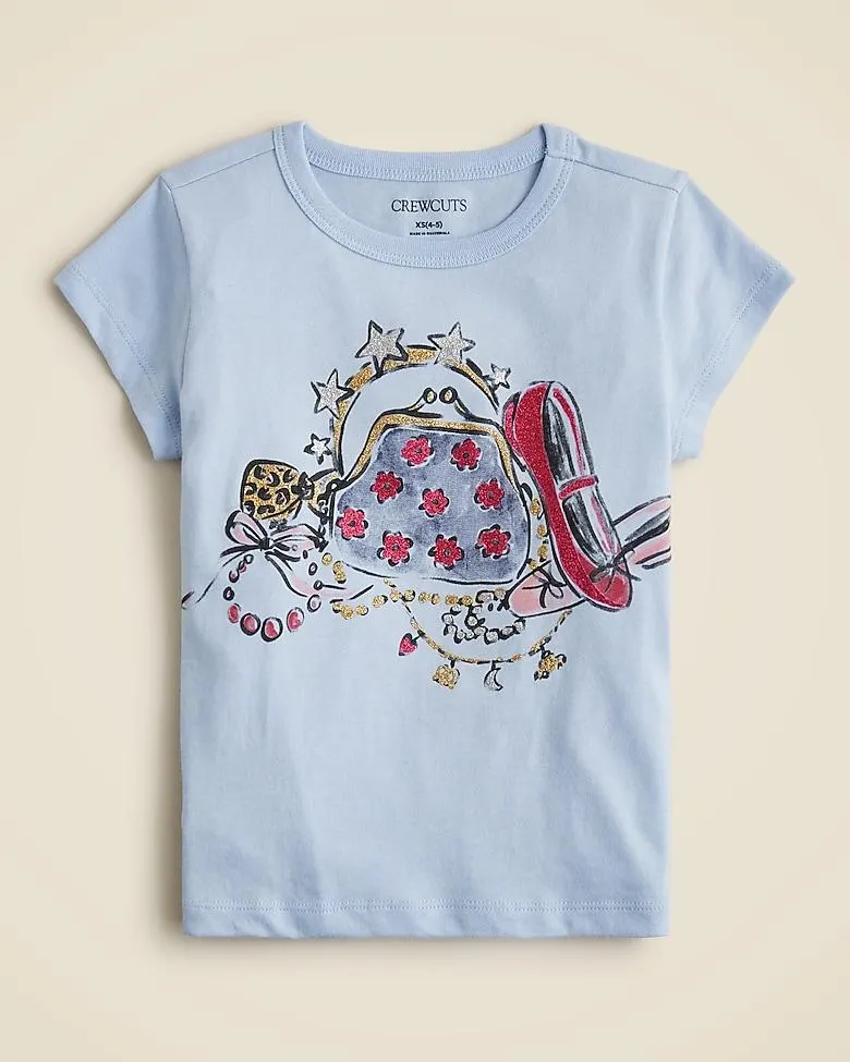 Girls' short-sleeve accessory graphic T-shirt with glitter