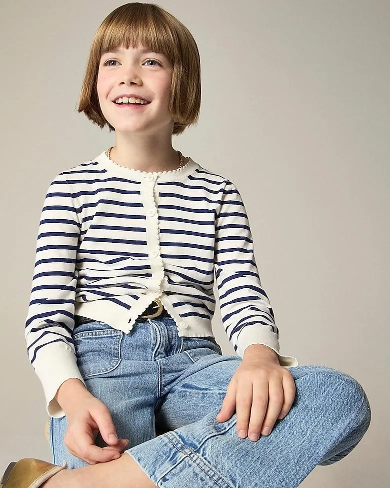 Girls' scalloped lightweight cotton cardigan in stripe