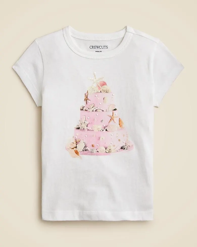 Girls' short-sleeve seashell cake graphic T-shirt with crystals
