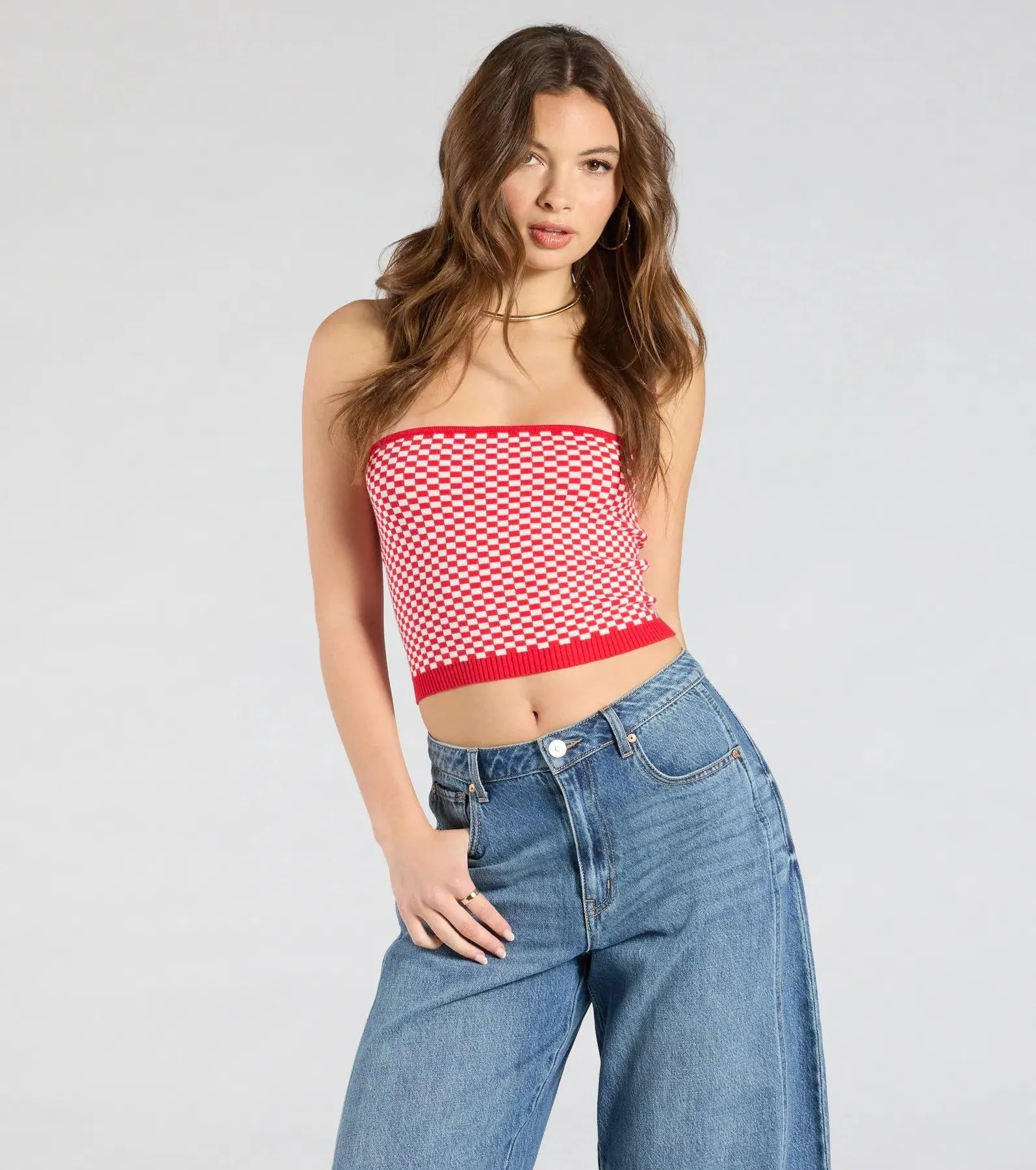Race To The Finish Strapless Checkered Tube Top