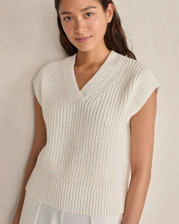 Organic Cotton Linen Shaker Stitch V-Neck Sweater
