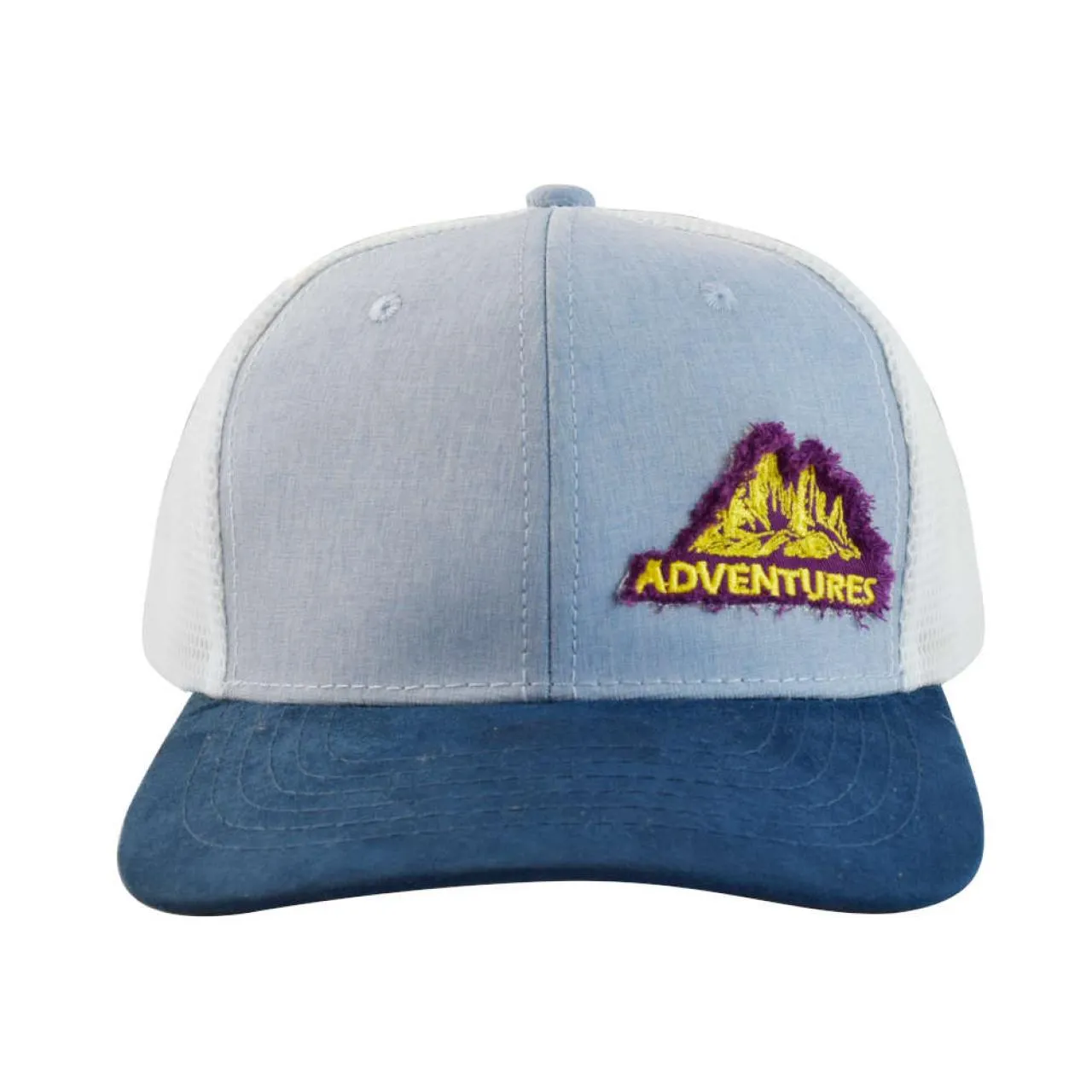 Gorra con malla y ajustador, "adventures", color azul con blanco