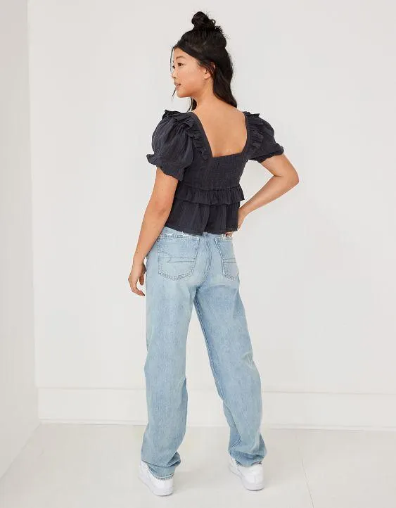 AE Blusa babydoll con cuello cuadrado y mangas abombadas