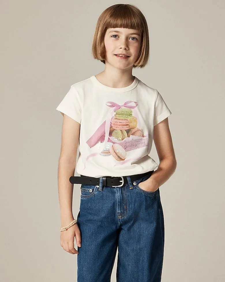 Girls' short-sleeve macaron graphic T-shirt with sequins