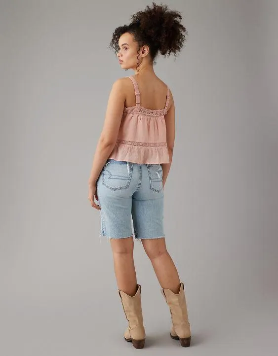 AE Top sin Mangas Plisado con Ribete de Encaje