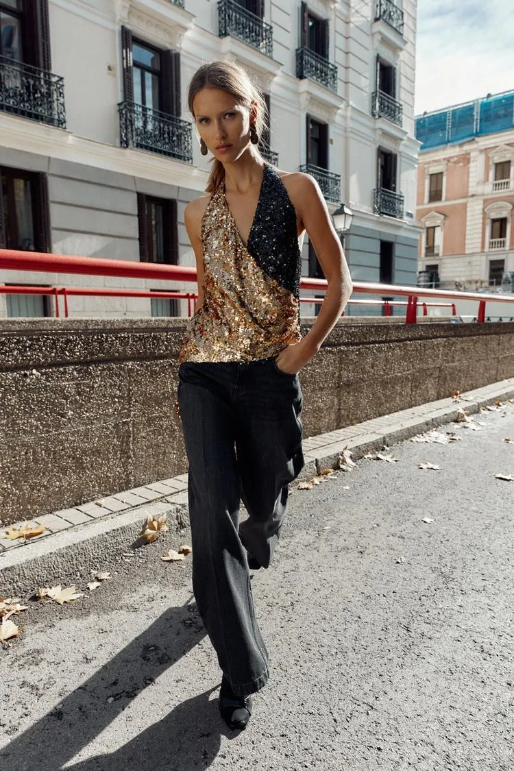 TOP HALTER COMBINADO LENTEJUELAS