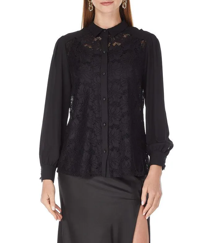 Blusa con encaje floral tonal de manga larga Mujer