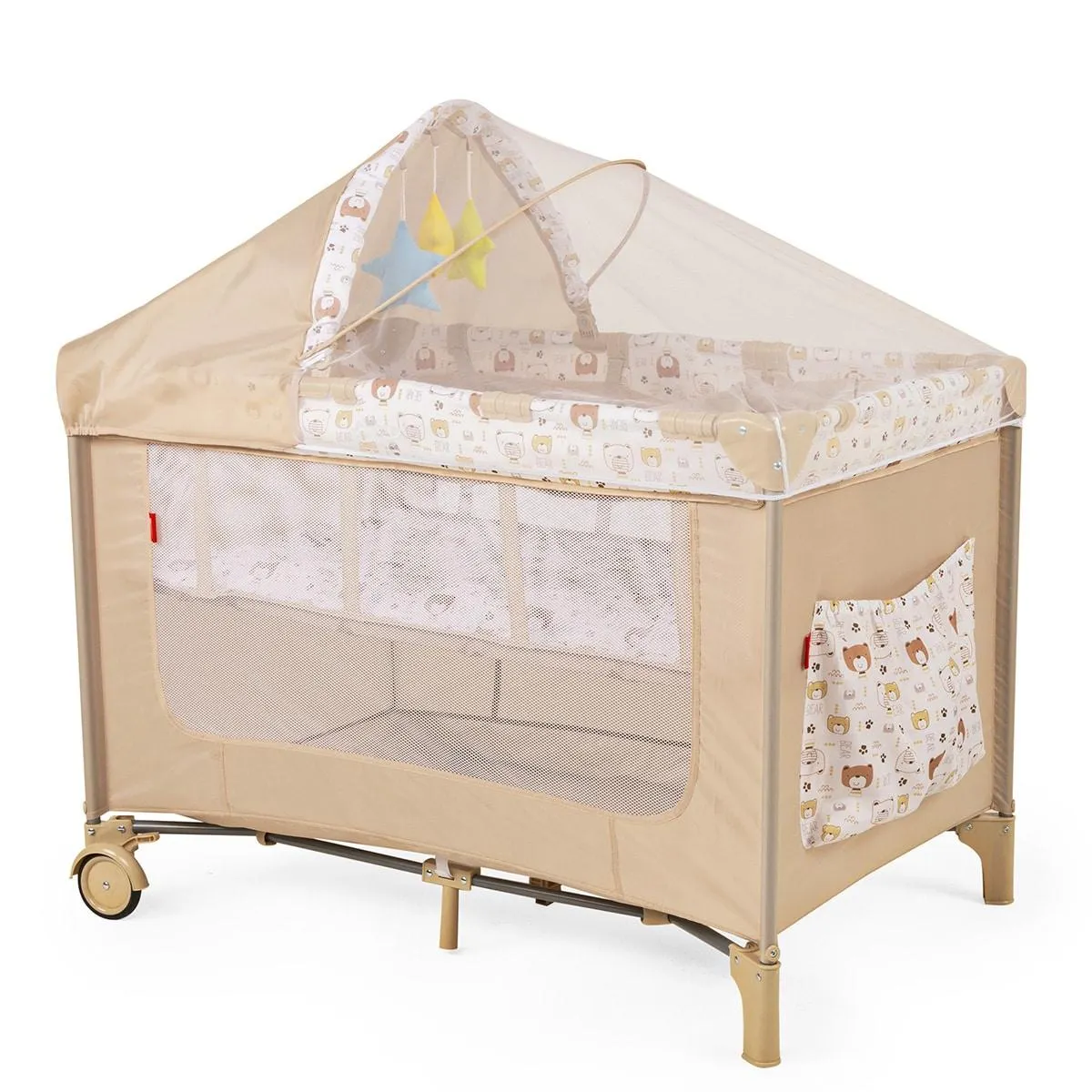 Cuna Corral D´bebé con toldo mosquitero con juguetes suaves Rest Beige