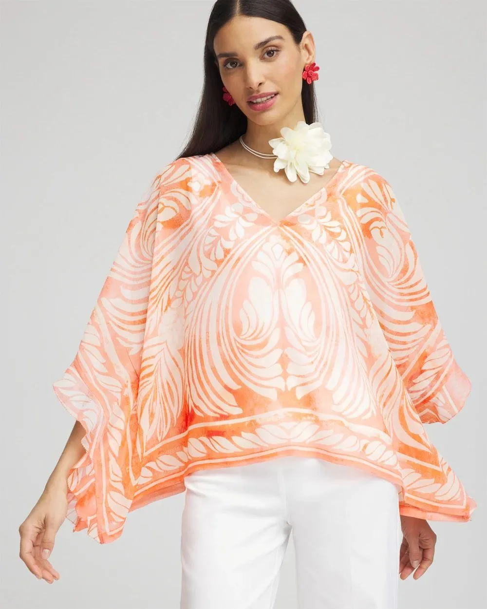 Sheer V-Neck Print Poncho