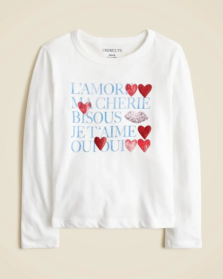 Girls' long-sleeve "L'amour" graphic T-shirt with sequins