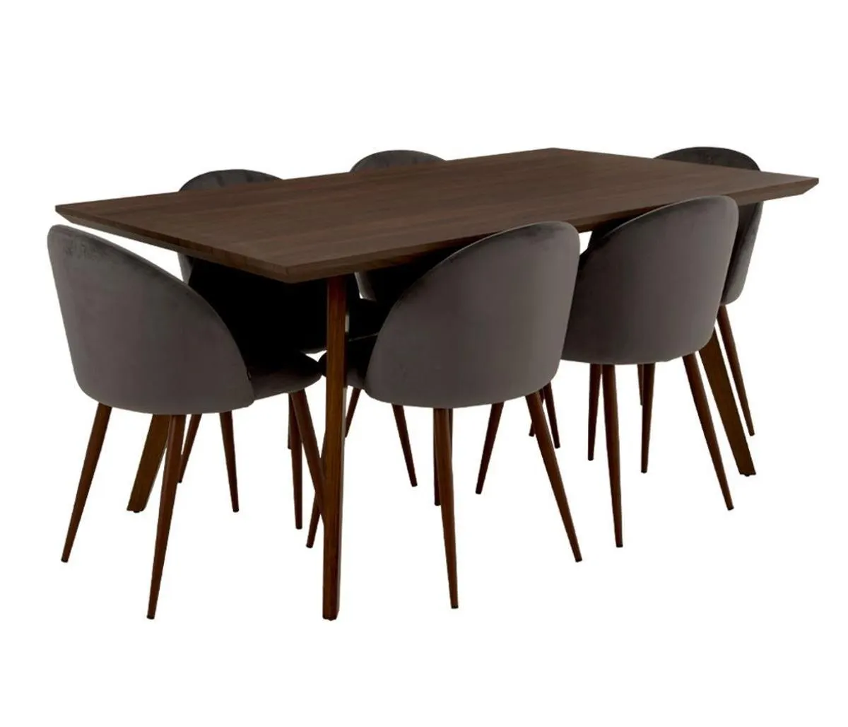 Mesa de comedor Mazunte 160cm - Nogal + 6 Sillas Jonotla velvet pata nogal - Gris oscuro