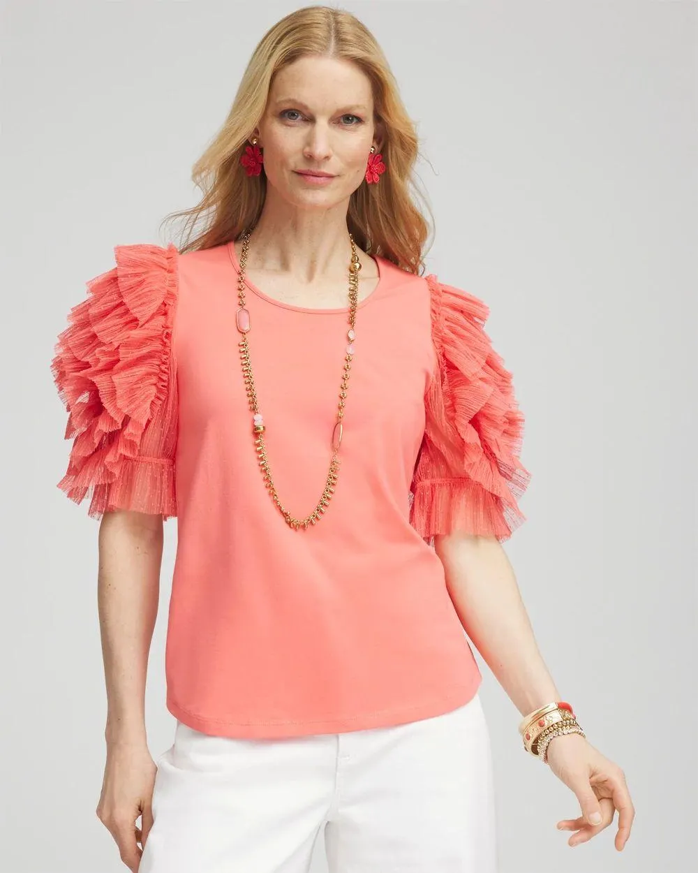 Pleated Tulle-Sleeve Top