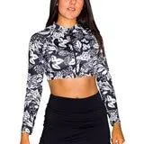 Skysoul, Rashguard Corto con Cierre al Frente Estampado Negro con Blanco para Dama, Varias Tallas