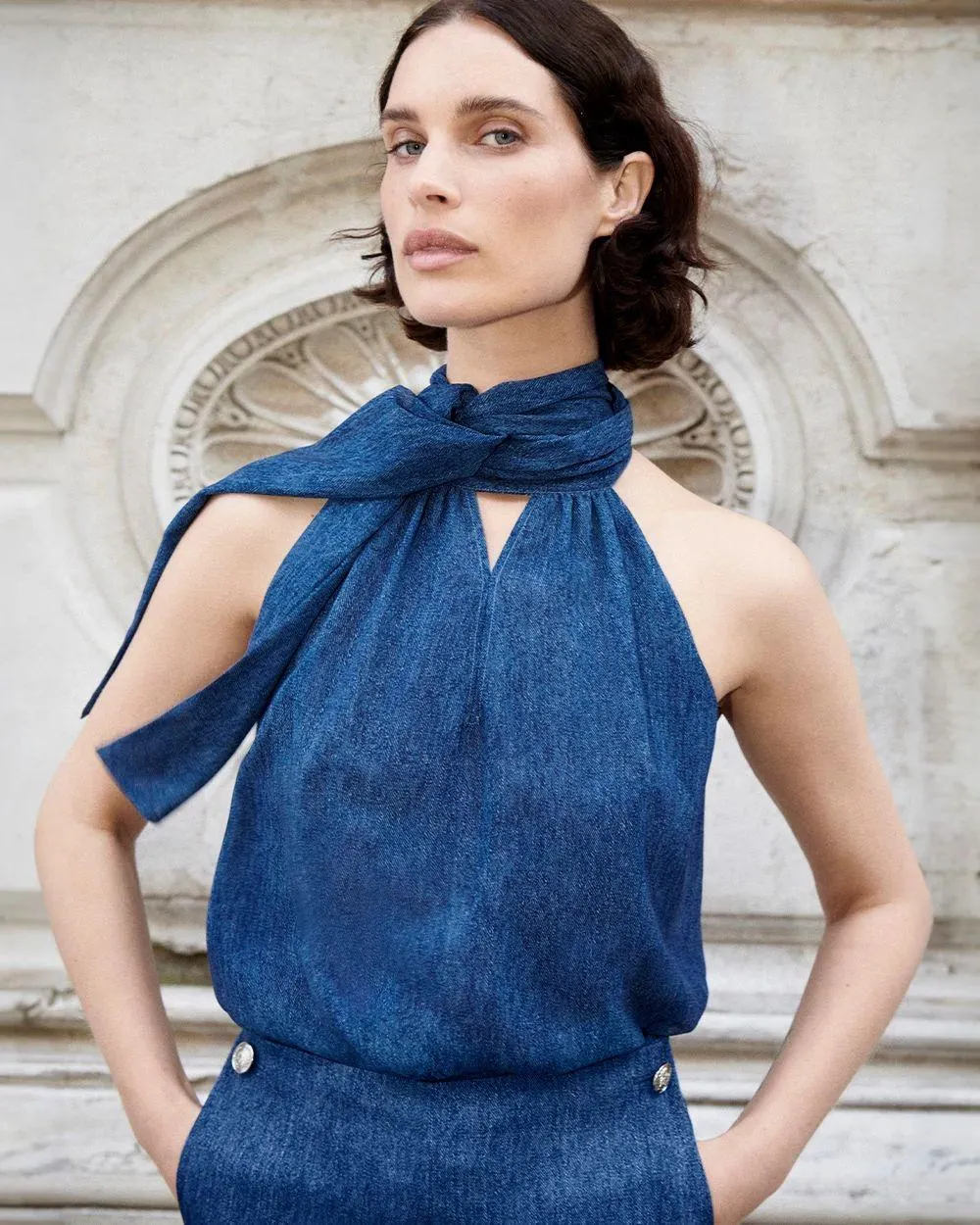 Denim Print Chiffon Halter Top