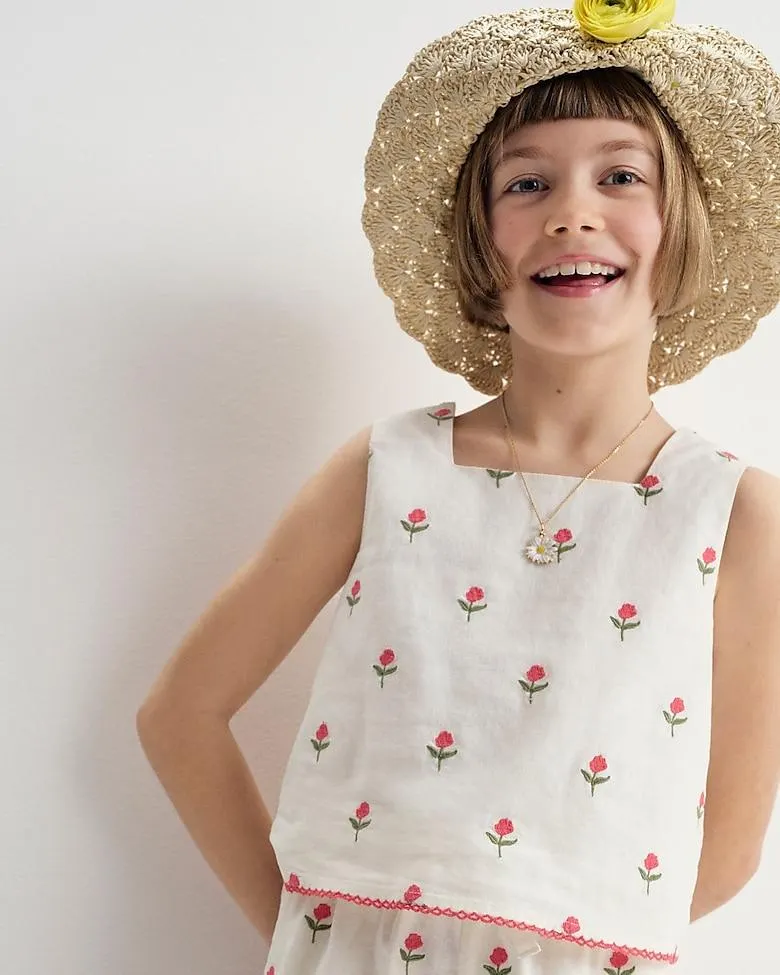 Girls' embroidered squareneck tank top in linen-cotton blend