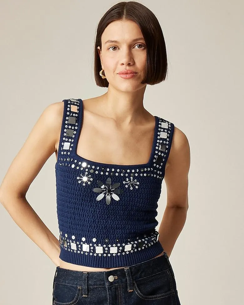 Sweater-tank with hand-embellished mirrors