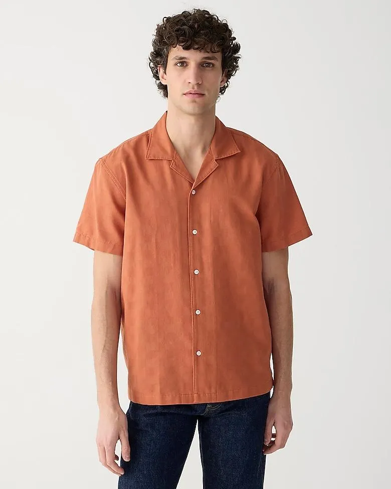 Short-sleeve textured cotton camp-collar shirt