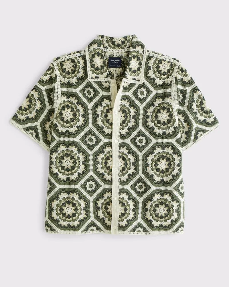 Crochet-Style Floral Pattern Button-Through Sweater Polo