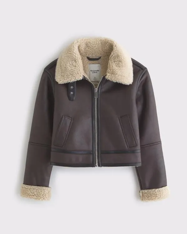 Short Vegan Leather Shearling Coat