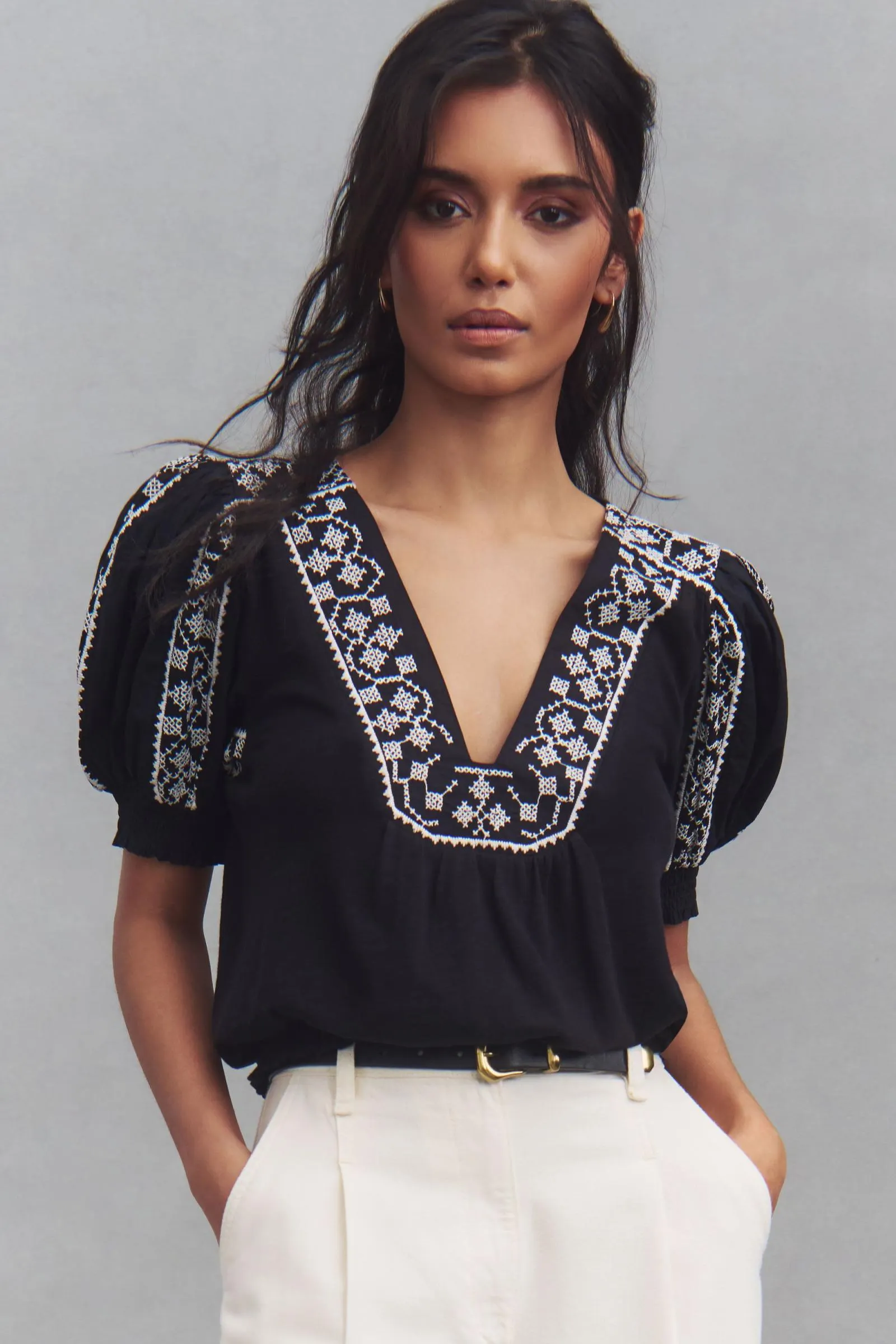 By Anthropologie Puff-Sleeve Embroidered Top