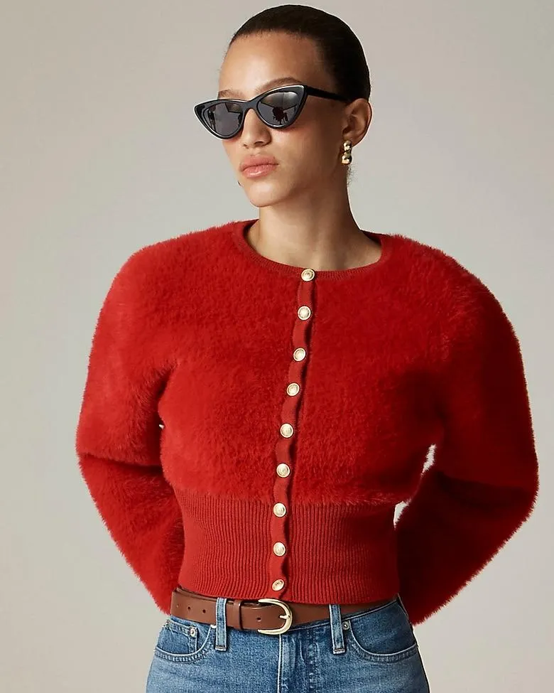 Fitted-waist cardigan sweater in fuzzy yarn
